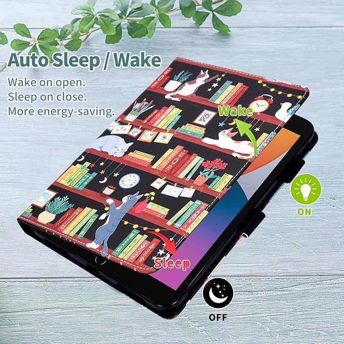for iPad 9.7 inch Case iPad 6th/5th Generation Case 2018 2017, PU Leather Folio Stand Cute Cover for iPad 9.7 inch/iPad Pro 9.7/iPad Air 2/iPad Air 1, Auto Sleep/Wake, Bookshelf Cat