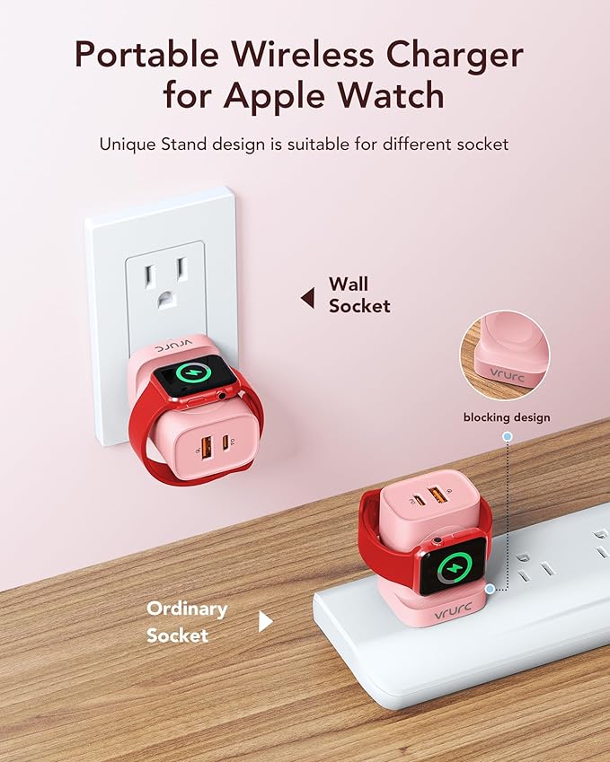 VRURC Charger for iPhone & Apple Watch, 20W USB C Fast Charging Block, 3-in-1 Compact Travel Adapter with 2 Port for iPhone 17/16/15/14/13, Wireless Magnetic for iWatch SE/11/10/9/8/7/6/5/4-Pink