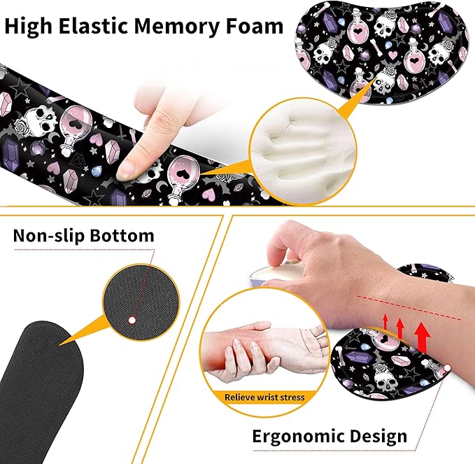 Large Gaming Mouse Pad Set 35.4 x 15.7 with Keyboard Wrist Rest, Wrist Support, and Coaster Memory Foam Smooth Desk Pad Mousepad for Home Office School - Skull Goth Magic Cute Witchy