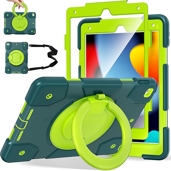 Andnary Case for iPad 9th/8th/7th Generation 10.2 inch, Shockproof Cover with Screen Protector/360° Rotate Stand/Pencil Holder/Shoulder Strap, Kids Case for iPad 2021/2020/2019 (Dark Green+Green)