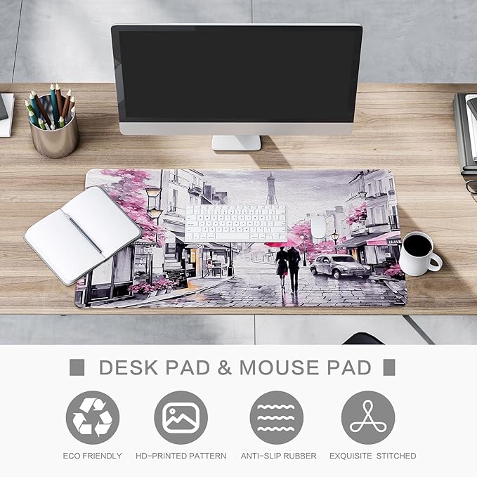 Lokigo Desk Mat for Keyboard and Mouse, Large Mouse Pad, Paris Eiffel Tower Desk Pad Mat, Romantic Gray Pink Large Desk Mat for Girls Women, Pink, 35.4"x15.7"