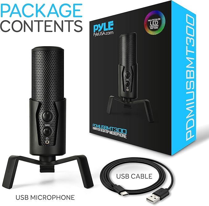 USB Microphone Selectable Pickup Pattern-4 in 1 Polar Pattern Selector Audio Cardioid Condenser Mic w/LED Effect Lights, Podcast Recording Kit for Gaming Streaming Podcasting Studio-Pyle PDMIUSBMT300
