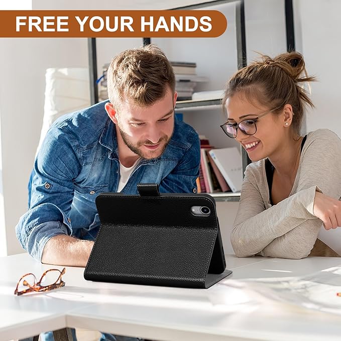 Genuine Leather Case for iPad mini 7th/6th Gen 8.3 Inch 2024/2021 | with Pencil Holder and Adjustable Stand, Magnetic Closure, Auto Wake/Sleep Cover | Black