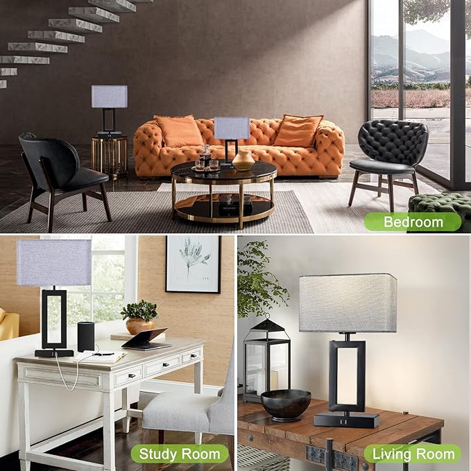 Touch Control Bedside Lamps for Bedrooms Set of 2 Table Lamps for Nightstand with Dual USB Ports, 3-Way Dimmable Modern Desk Lamps for End Table Living Room Office Home Study Room, Grey&Black