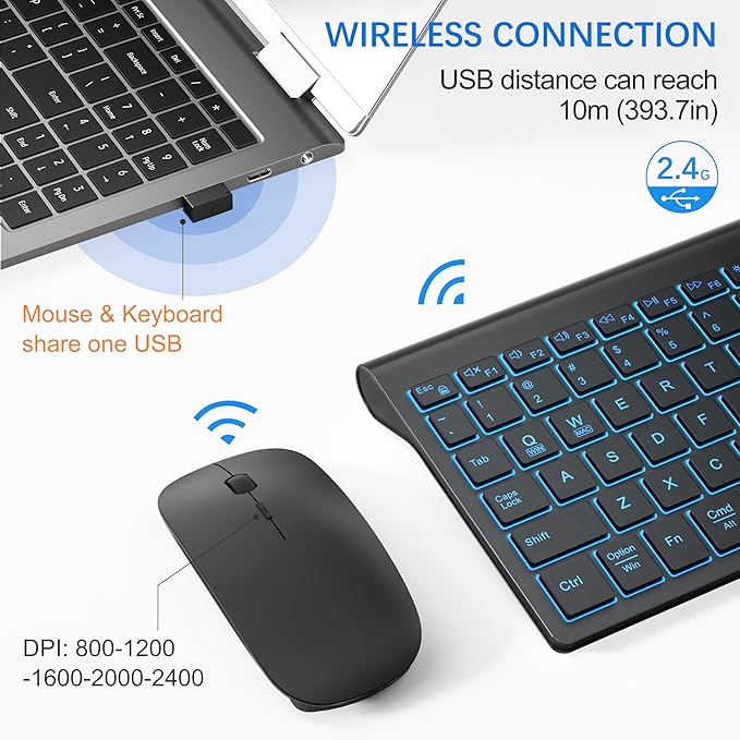 TopMate Wireless Keyboard and Mouse Ultra Slim Combo, 2.4G Silent Compact USB 2400DPI Mouse and Scissor Switch Backlit Keyboard Set, for PC/Laptop/Windows/Mac/Gaming - Matte Black