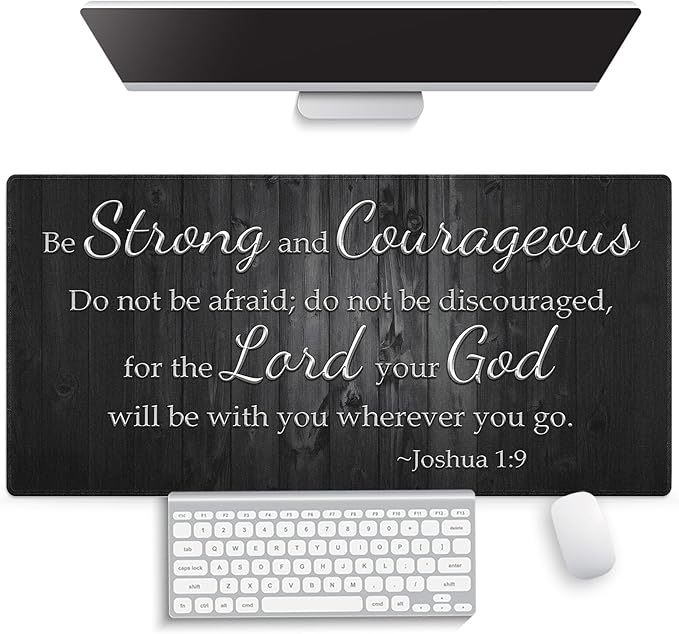Motivational Large Gaming Mouse Pad (31.5" x 15.8")- Inspirational Bible Verse Scripture Quote Joshua 1:9 Be Strong and Courageous Rustic Black Wood, Stitched Anti-Slip Desk Mat