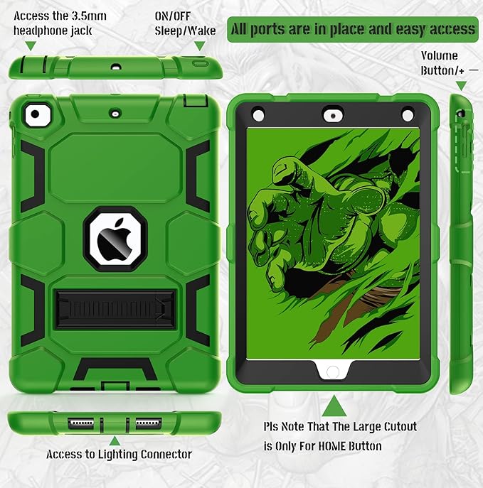 CCMAO iPad 6th Generation Cases, iPad 5th Generation Case, iPad 9.7 Case, iPad Air 2 Case, Hybrid Shockproof Rugged Drop Protection Case Built with Kickstand, Green+Black