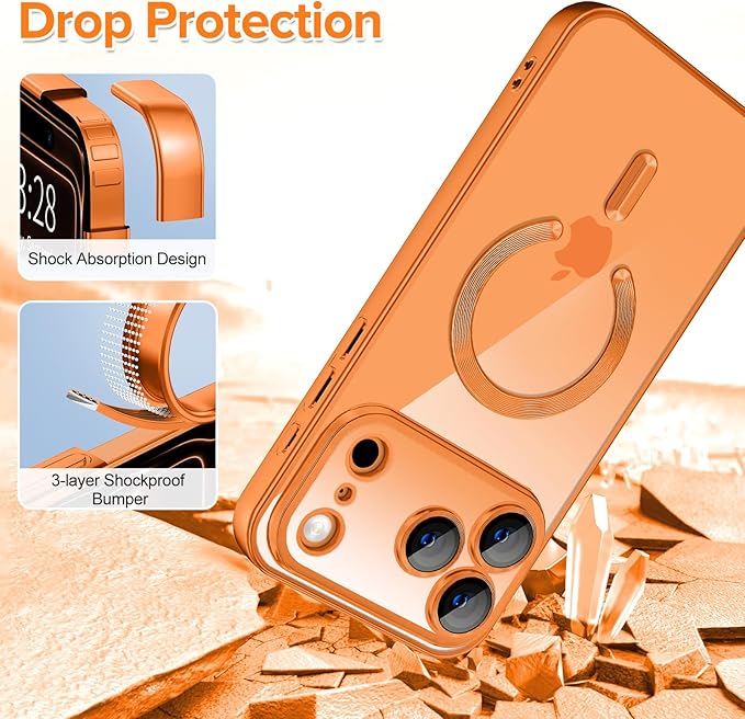 Hython Magnetic Clear for iPhone 17 Pro Case with Camera Lens Protector [Compatible with MagSafe] Luxury Plating Edge Slim Soft TPU Cover Protective Phone Case for iPhone 17 Pro 6.3", Matte Orange
