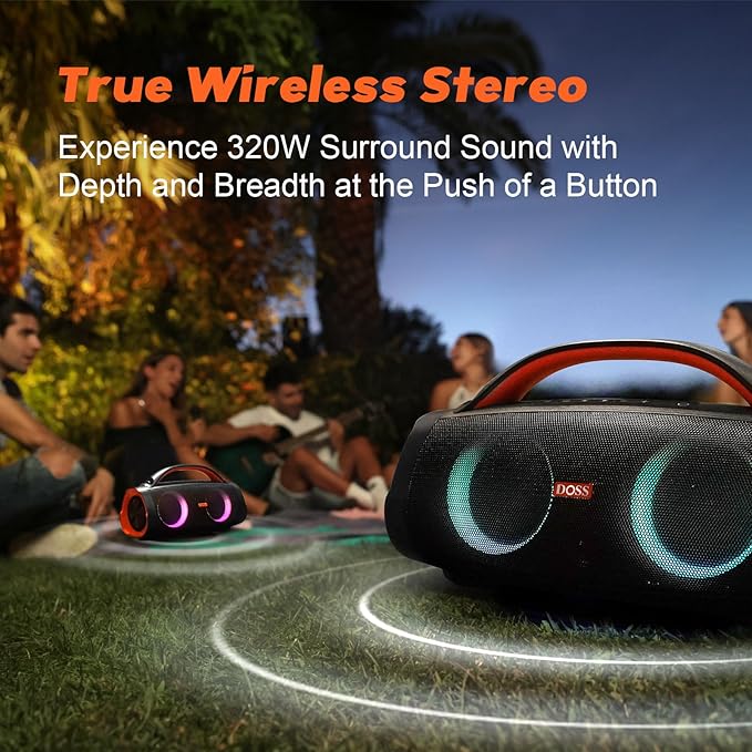 DOSS Extreme Boom Pro 100W Loud Outdoor Speaker, 2+2 Channel, IPX6 Waterproof, Bluetooth 5.3, 20H Playtime, Dynamic RGB Lights, Portable Speaker for Camping, Beach, Pool, Working Outside - Orange