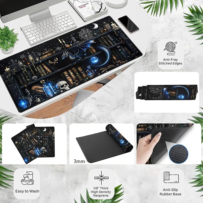 Dark Magic Desk Mat Large Mouse Pad Gaming Extended Mouse Mat, Blue Dragon Computer Keyboard Mat, Big Desk Pad Full Desktop Pad XXL, Anime Office Decor Personalized Desk Accessories 31.5x15.7 Inch