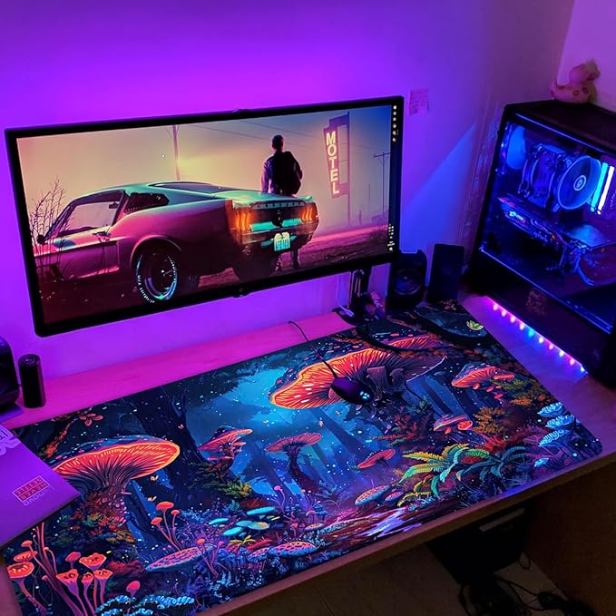 Simpkeely Fantasy Mushroom Mouse Pad, Blacklight Gaming Forest Waterproof Extended Large Desk Pad UV Long Computer Keyboard Big Mouse Mat with 3mm Non-Slip Rubber Base for Office Home - 31.5" x 11.8"