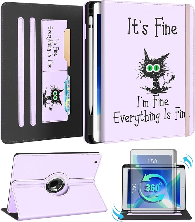 Kidcube for iPad 9th/8th/7th Generation Case 10.2 Inch - Women Girls Kid Cute Rotating Stand Folio Cover with Pencil Holder & Card Slot Girly Kawaii Cat Unique Design for iPad 9th/8th/7th Gen Cases