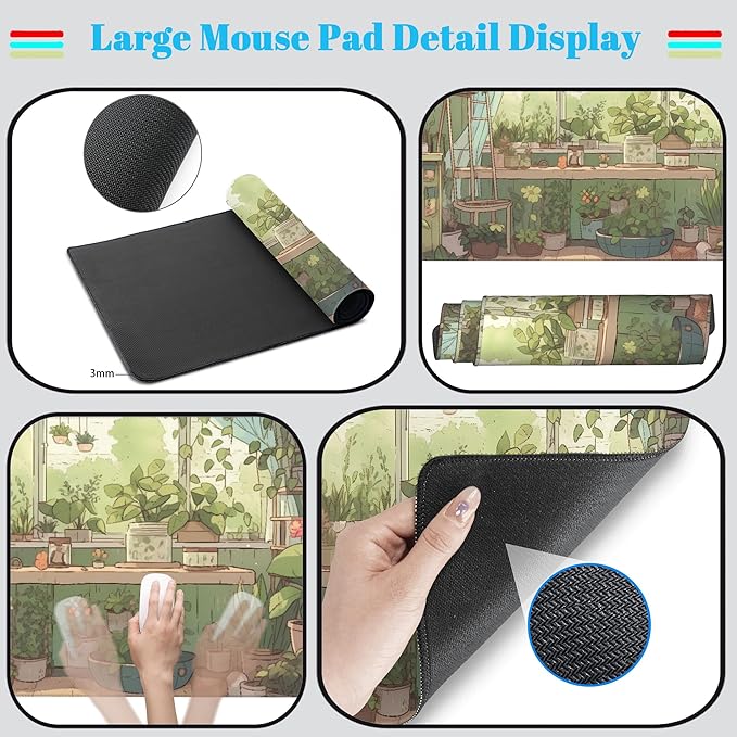 Cute Desk Mat Green Plants Gaming Mouse Pad XXL Large Extended Sage Laptop Keyboard and Mouse Mat with Stitched Edges, Computer Desktop Mat Playmat for Women Office Desk Decor Pad Mat 31.5x15.7 in