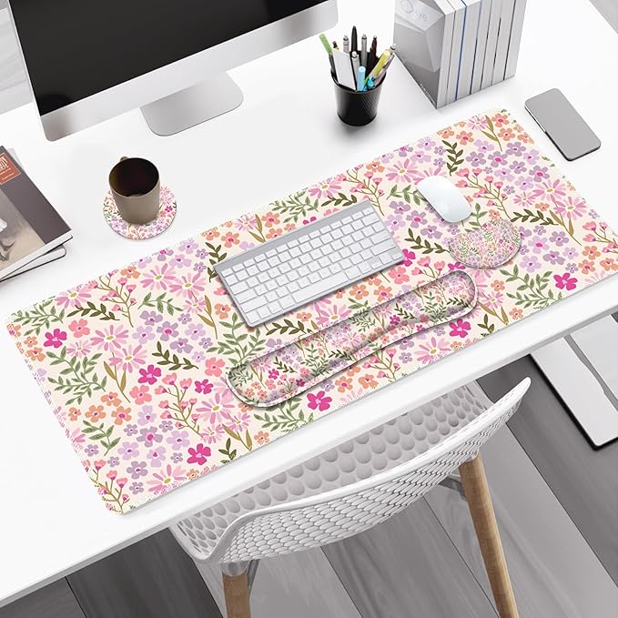 Large Gaming Mouse Pad Set, Ergonomics Keyboard Desk Mat with Memory Foam Wrist Rest, Computer PC Extended Game Mousepad, Non-Slip Desk Matt Easy Typing Pain Relief I Artistic Colroful Flowers