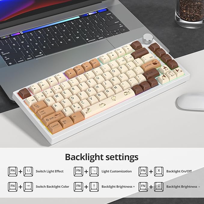 75% Mechanical Gaming Keyboard Coffee Cat, Hot Swappable RGB Backlit Cute Keyboard with Knob, Gasket Mount USB Wired Key Board, 82 Keys Linear Red Switch Keyboards (82 Coffee Cat)