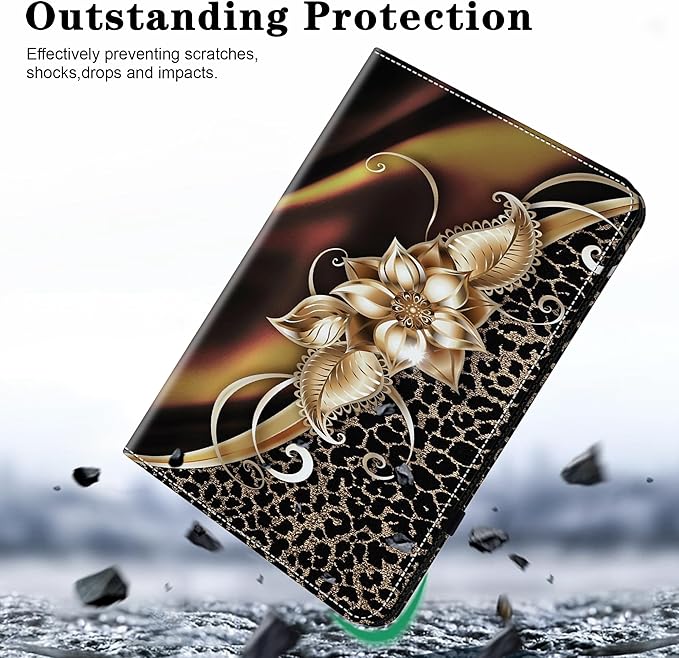 Case for iPad (A16) 11th Generation 11 Inch (2025), iPad 10th Generation 10.9 Inch (2022), Multi-Angle Viewing PU Leather Case with Elastic Band, Pencil Holder & Card Slots-Metallic Flower