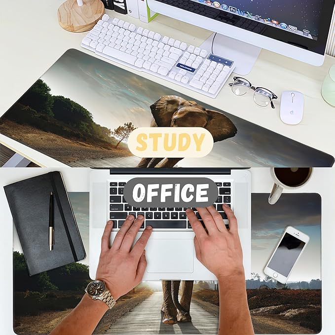 Extended Gaming Mouse Pad Elephant Walking in Road Large Mousepad with Stitched Edges,Anti-Slip Rubber Base Keyboard Mouse Mat Desk Pad for Gaming Home Office 35.4 x 15.7 inches