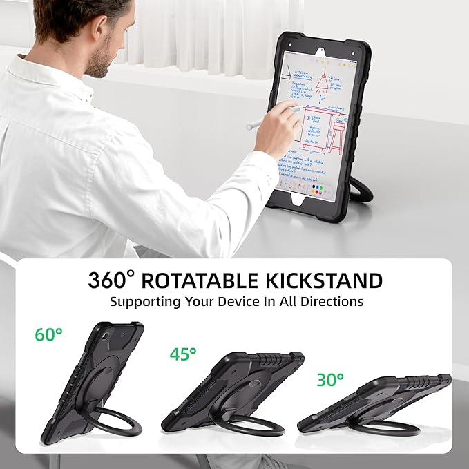 Andnary Case for iPad 9th/8th/7th Generation 10.2 inch, Shockproof Cover with Screen Protector/360° Rotating Handle/Bracket/Pen Holder/Shoulder Strap, Kids Case for iPad 2021/2020/2019 (Black)