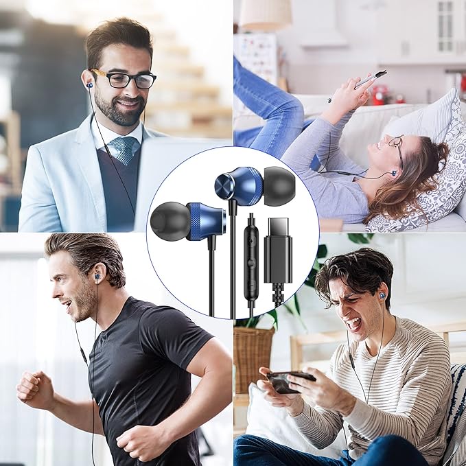 USB C Wired Earbuds for Google/Pixel 10 10a 9 8 8A 7 7A 6A for iPhone 17 17e Air 16 Pro Max 16e 15 Plus Corded Headphones for Apple/Android Type C Earphones for Samsung/Galaxy S26 S25 S24 Ultra Blue