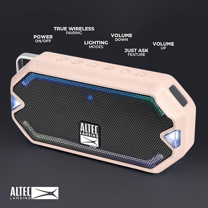 Altec Lansing - HydraMini Wireless Bluetooth Speaker, IP67 Waterproof USB C Rechargeable Battery with 6 Hours Playtime, Compact, Shockproof, Snowproof, Everything Proof (Petal Pink)