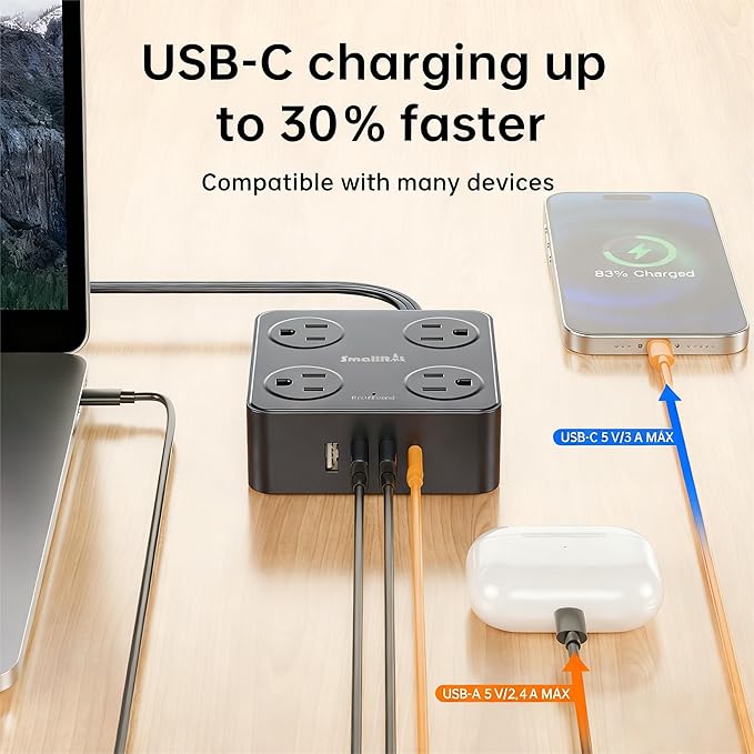 Flat Plug Power Strip with USB C, 6.5FT Flat Extension Cord - 8 AC Outlets and 4 USB(1 USB C), Power Strip with Surge Protector, Wall Mount Charging Station Office Home (Black, 15 FT)