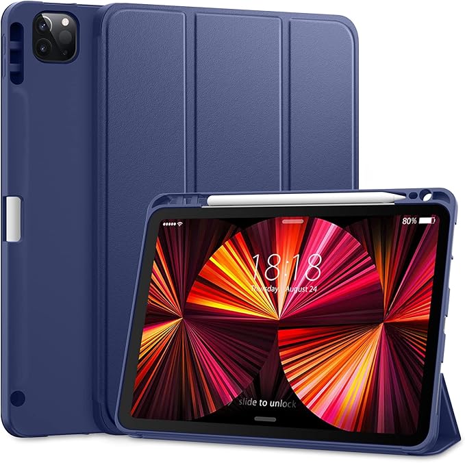 DTTO for iPad Pro 11 inch 4th/3rd/2nd/1st Generation 2022/2021/2020/2018 Case, Smart Slim Trifold Stand Soft TPU Back Cover with Built-in Pencil Holder, Also Fit iPad Air 5/4,Navy Blue