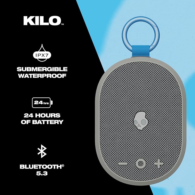 Skullcandy Kilo Wireless Bluetooth Speaker - IPX7 Waterproof Mini Bluetooth Speaker with 24 Hour Battery, Downward Firing Passive Radiator, and True Wireless Pairing - Perfect for Outdoor (Grey)