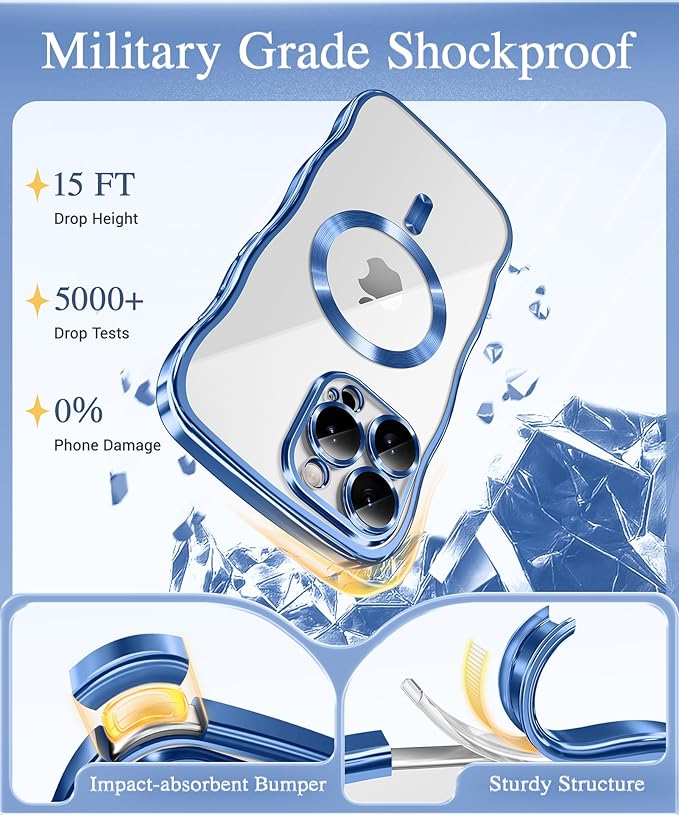 GVIEWIN for iPhone 16 Pro Case Compatible with MagSafe, Upgraded [Full Camera Protection][Cute Wave Frame][Military Grade Protection] Electroplated Soft Phone Cover for Women Girl, Clear/Light Blue
