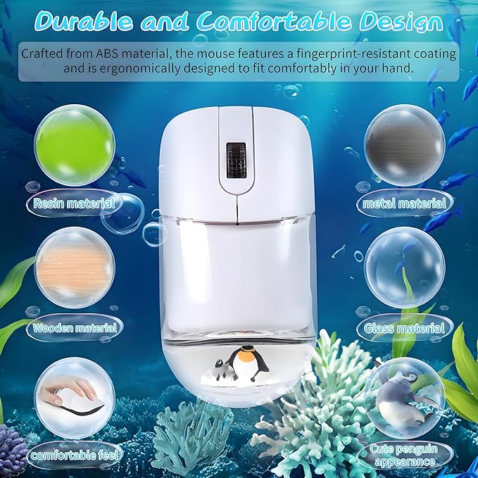 Wireless Mouse -Cute Clear Aqua Design, Water Mouse with Optical Precision, Silent Clicks, Lightweight & Floating Animal Transparent Retro Style for Home Office, Great for Kids & Adult(Penguin-White)