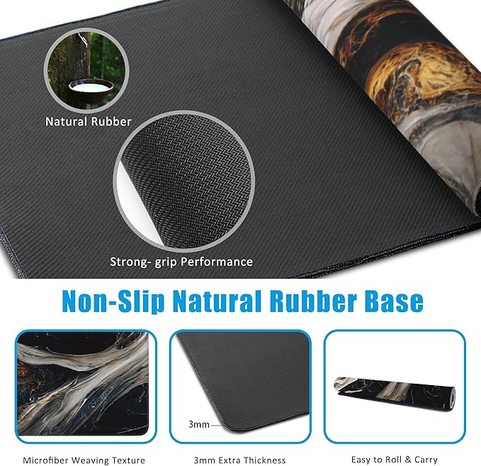 Golden Black Marble Large Gaming Mouse Pad,Waterproof Desk Mat for Desktop,Non-Slip Rubber Base Mousepad with Stitched Edges for Laptop Office and Home 35.4X15.7 Inch