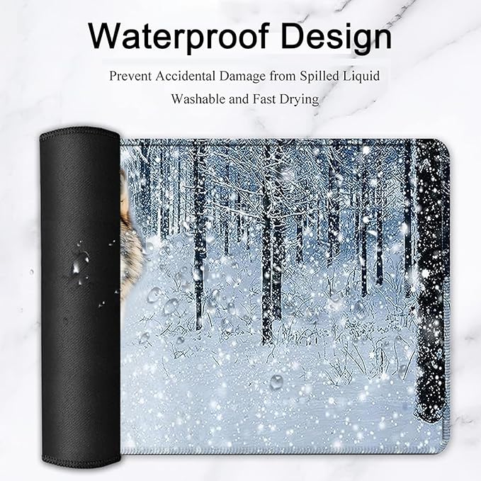 Large Mouse Pad, 31.5 x 11.8in Extended Gaming Mouse Pad with Stitched Edges, XXL Mousepad Protector Non Slip Rubber Base for Office and Home Writing Mat, Wolf in Snowy Forest Pattern White Desk Mat