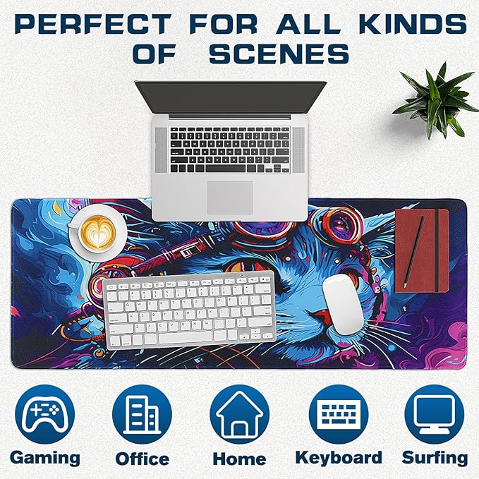 Mouse Pad Gaming - Desk Mat for Keyboard and Mouse - Cool Cat Head Large Mouse Pads for Desk, Gaming Mousepad with Non-Slip Base, Desks Pad (31.5" X 11.8") for Game, Office and Home