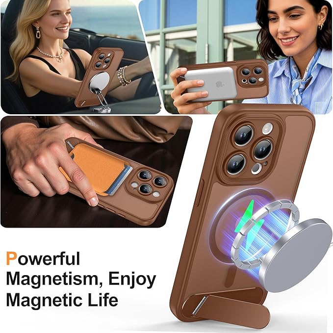 Magnetic Compatible with iPhone 15 Pro Case, [Built-in Kickstand][Full Camera Protection][Compatible with MagSafe][Anti-Fingerprint] Shockproof Phone Case for iPhone 15 Pro 6.1",Brown