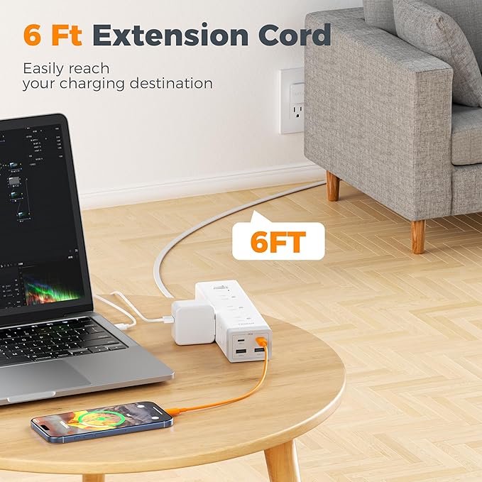 TESSAN Surge Protector Power Strip PD 20W, Ultra Thin Flat Plug 6 FT Extension Cord, 9 Outlets 4 USB(2 USB C), 1050J Protection Multiple Outlets Charging Station for Home, Office, College Dorm Room