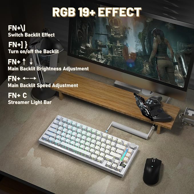 Attack Shark X820Ultra Wireless 75% Mechanical Gaming Keyboard with Screen & Knob Hot Swappable 2.4GHz/BT/Wired RGB Backlit Gasket Mount Side Print PBT Keycap QMK Web Driver Gift Switch-White Contour