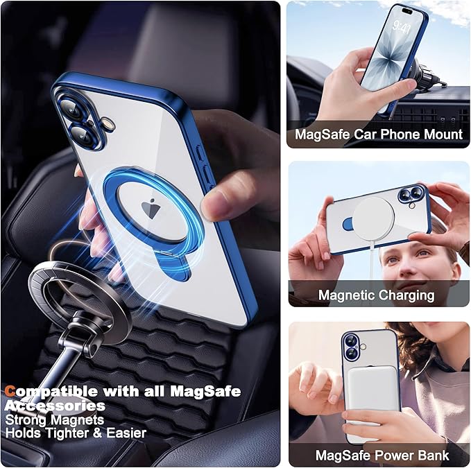 Compatible with iPhone 17 Case with Invisible Magnetic Ring Stand [Compatible with Mag-Safe] [Full Camera Lens Protector] Plating Clear Phone Case for iPhone 17 6.3", Blue