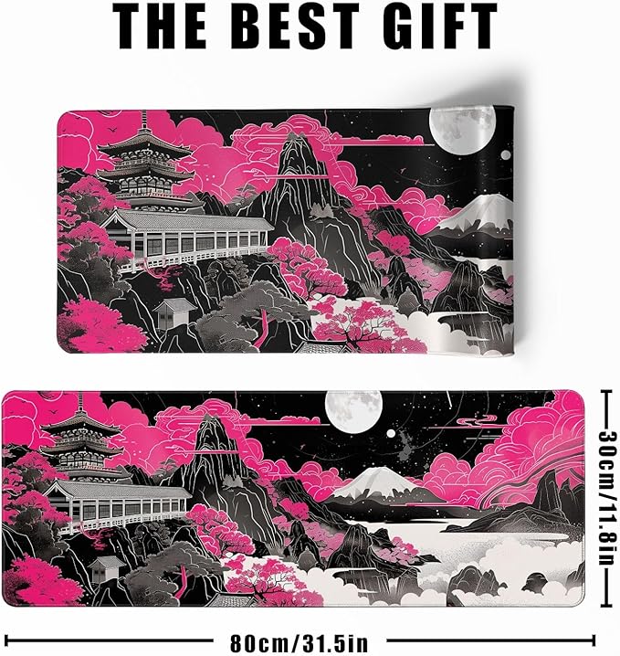 Future Kyoto Mouse Desk Pad Japanese Pink Desk Mat Desk Decor Black White Large Gaming Mouse Pad for Desk Mousepad Computer Office Keyboard Laptop Big Mouse Pad Xl-31.5x11.8 in