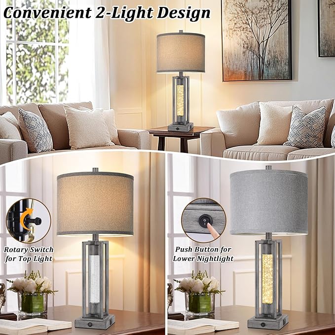TOBUSA 26’’ Farmhouse Table Lamps for Living Room Set of 2, Modern Nightstand Lamps with Crystal Night Light & 2 USB Ports, Vintage Home Decor Grey Bedside Lamps with Gray Linen Shade for Bedroom
