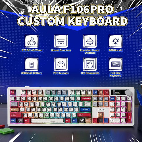 AULA F106 PRO Wireless Mechanical Keyboard,Full Size Gaming Keyboard with Hot Swappable Knob & Screen,Tri-Mode RGB Backlit with 8000mAh for PC/Laptop/Windows - Blaze Switch,Comic Mix