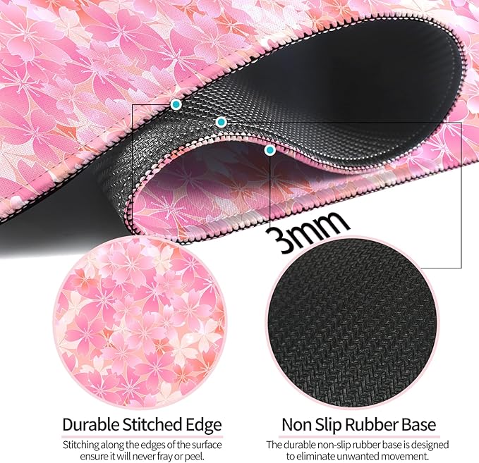 Japanese Cherry Blossom Gaming Desk Mat, Computer Keyboard Large Extended Flowers Mouse Pad for Office and Home, 31.5×11.8 Inches, XL, Pink