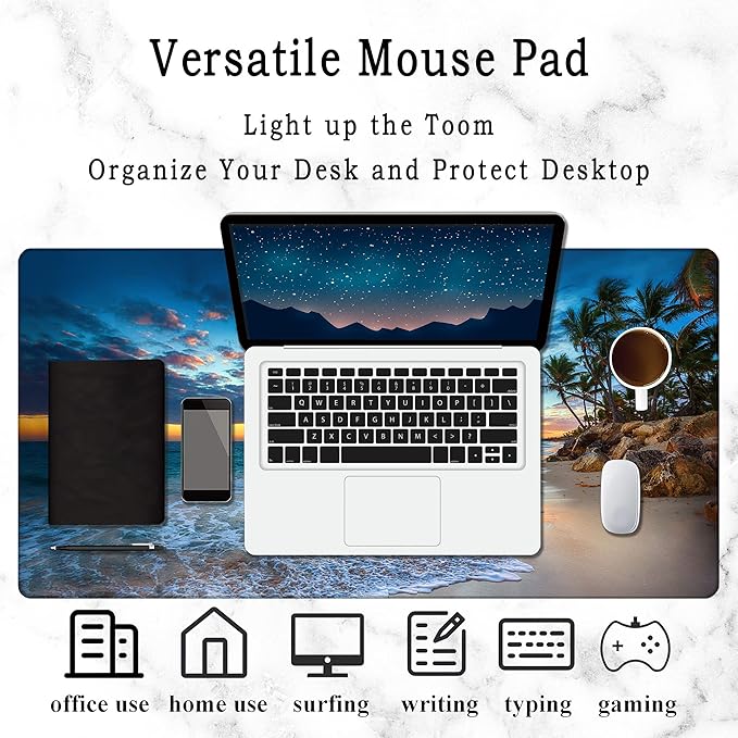 Hawaii Summer Beach Gaming Desk Mat Large,Palm Tree Sunset Extended Mousepad,Non-Slip Rubber Mouse Pad Stitched Edges,Desktop Decorative Accessories for Home Office 31.5" x 15.7"