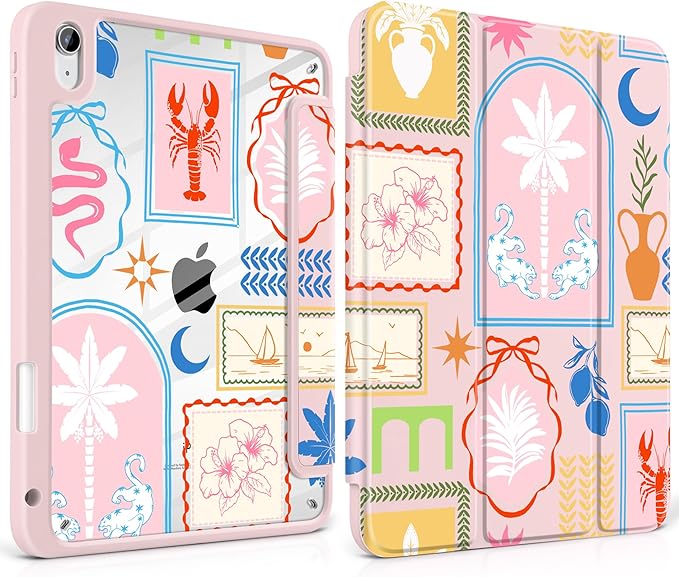 Case for iPad Air 11 inch M4 2026 M3 2025 M2 2024 Release with Pencil Holder Clear Back Shell Pink Lightweight Shockproof TPU Edge Trifold Stand Auto Wake Sleep Cute Cover, Creative Collage