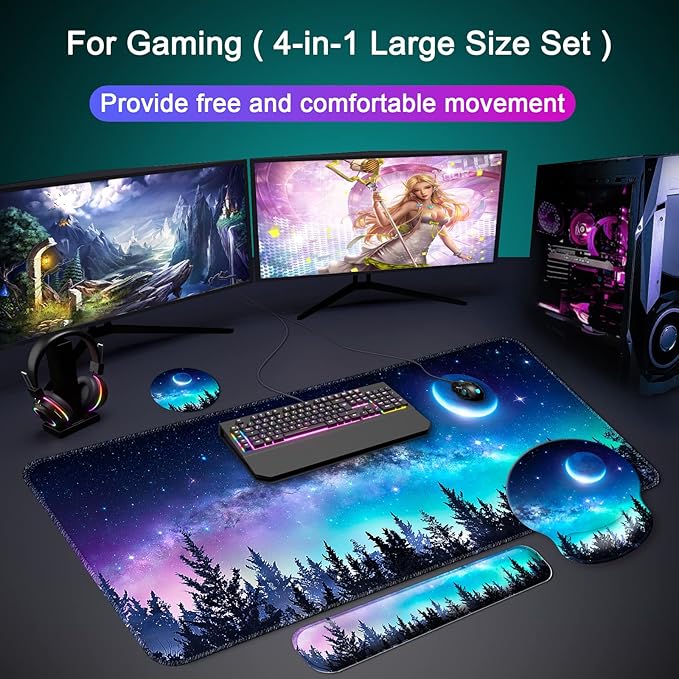 Mouse Pad + Desk Mat + Keyboard Wrist Rest + Coaster 4 in 1 Set, Cute Ergonomic Large Gaming Mousepad with Wrist Rest Support Desk Pad for Computer Laptop Office Home Decor-Forest Moon