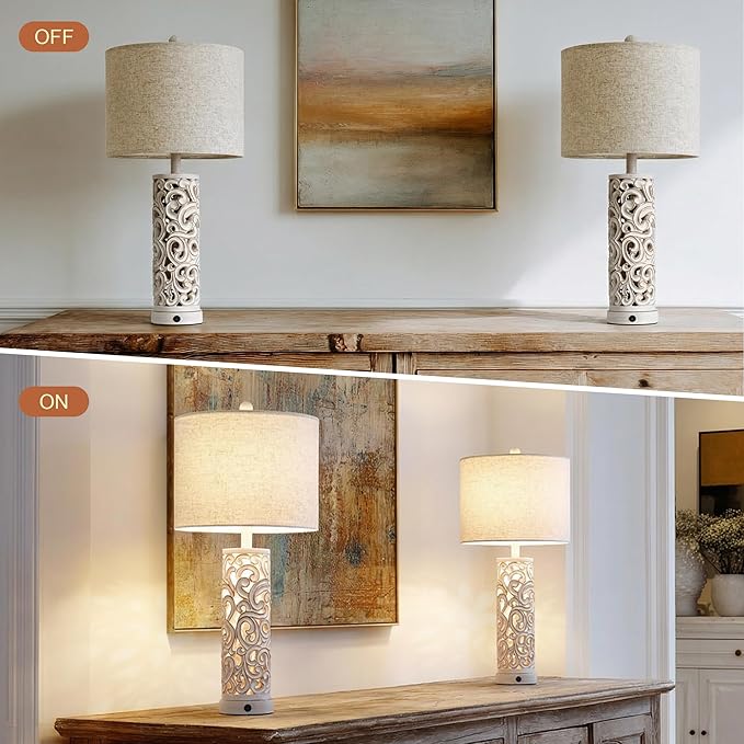 OYEARS 2-in-1 Light Table Lamp Set of 2 for Living Room, 28.5" Farmhouse Bedside Lamps with USB Charging Port, Main&Night Light & Dual Switches, Nightstand Lamp for Bedroom Home Office(Bulb Included)