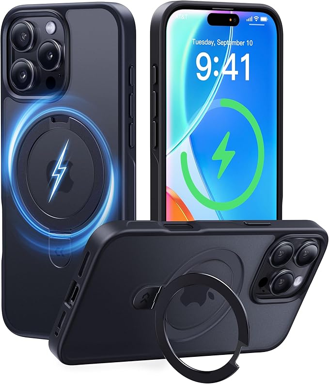 CASEKOO Ultra-Magnetic Stand for iPhone 16 Pro Max Case [Military Drop Protection] [Compatible with MagSafe] Shockproof Translucent Matte Slim Ring Holder Case for iPhone 16 ProMax 6.9 inch, Black