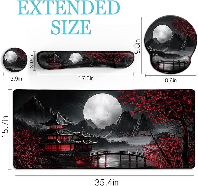 LIMKRIAN Japanese Mouse Pad Large Desk Mat Set, XXL Anime Full Moon Ergonomic Mousepad with Wrist Rest, Wrist Support Gaming Keyboard Mat Cup Coaster Set, Japanese Style Office Desk Accessories