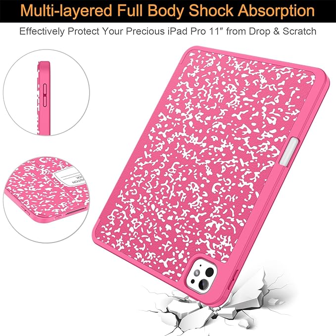 Soke Case for New iPad Pro 11 Inch (M5/M4) 5th Generation 2024-2025 with Pencil Holder - [Shockproof + Apple Pencil Charging + Auto Wake/Sleep], Soft TPU Back Cover for iPad Pro 11", Book Hot Pink