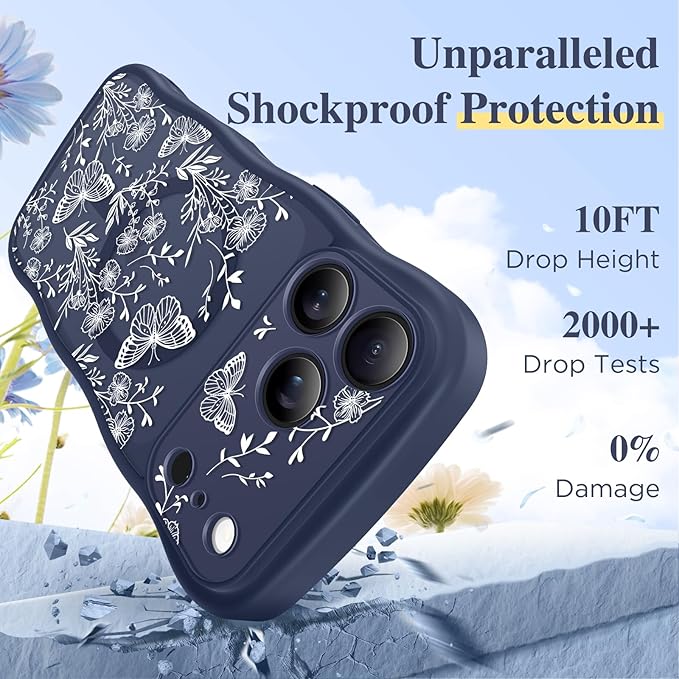 GVIEWIN for iPhone 17 Pro Case Compatible with MagSafe [Curly Wave Edge][Full Camera Protection] Floral Translucent Shockproof Magnetic Women Phone Case for iPhone 17 Pro 6.3'', Tuberose/Blue