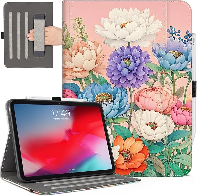 Case for iPad Air 13-inch M4/M3/M2, iPad Pro 12.9 6th/5th/4th/3rd Generation Case with Pencil Holder Multi-Angle Adjustable Stand Shockproof with Pocket/Hand Strap/Auto Wake Sleep Peony Floral
