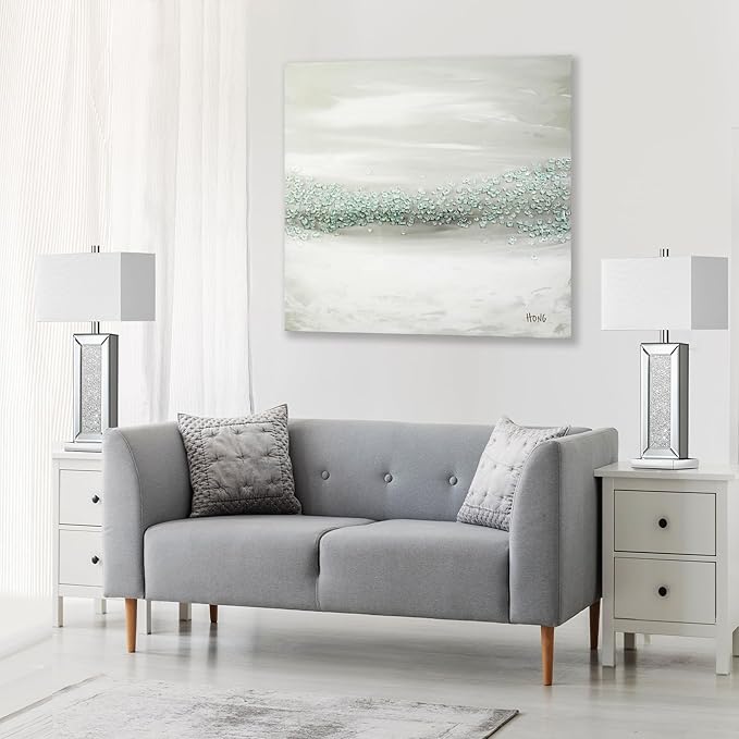 Modern Table Lamp Set of 2 Touch Control, Silver Mirror Diamond Crystal Bedside Lamp with USB C+A Ports, 3-Way Dimmable Mirrored Nightstand Lamps White Fabric Shade for Living Room Bedroom Art Decor